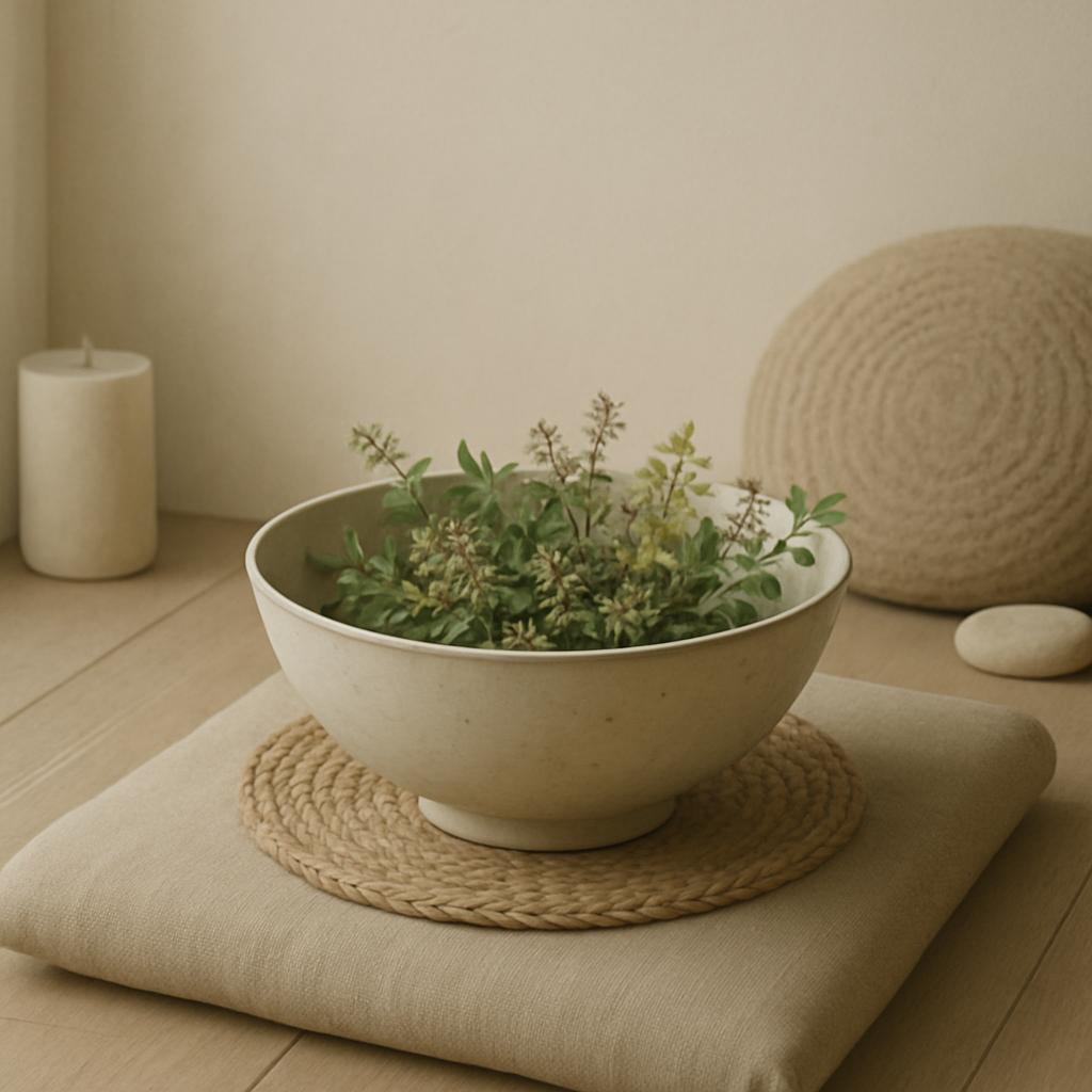 A beige cloth sits beneath a white ceramic bowl filled with small green leaves and flowers, together resting on a circular...