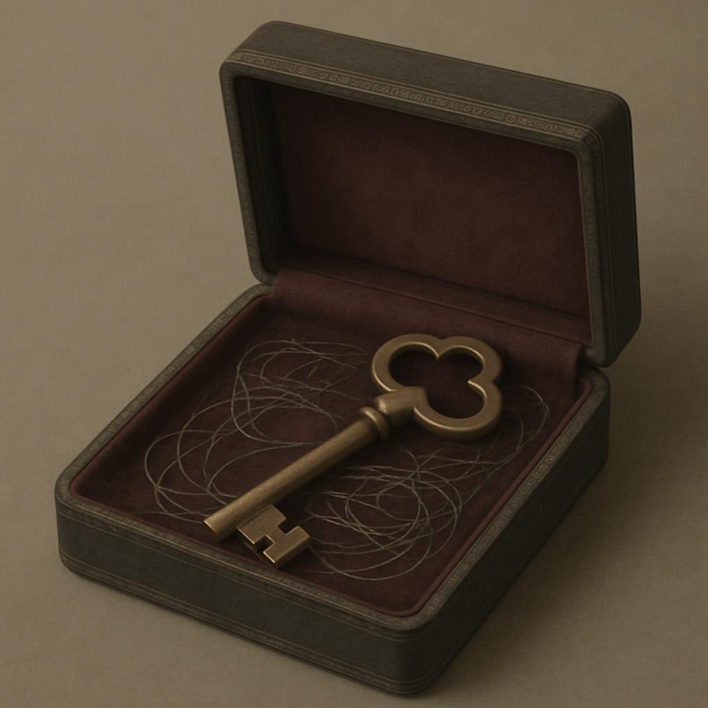 An old-fashioned key in a small box, sitting on a bed of thin metal wires. Dark background with shadowing. The atmosphere ...