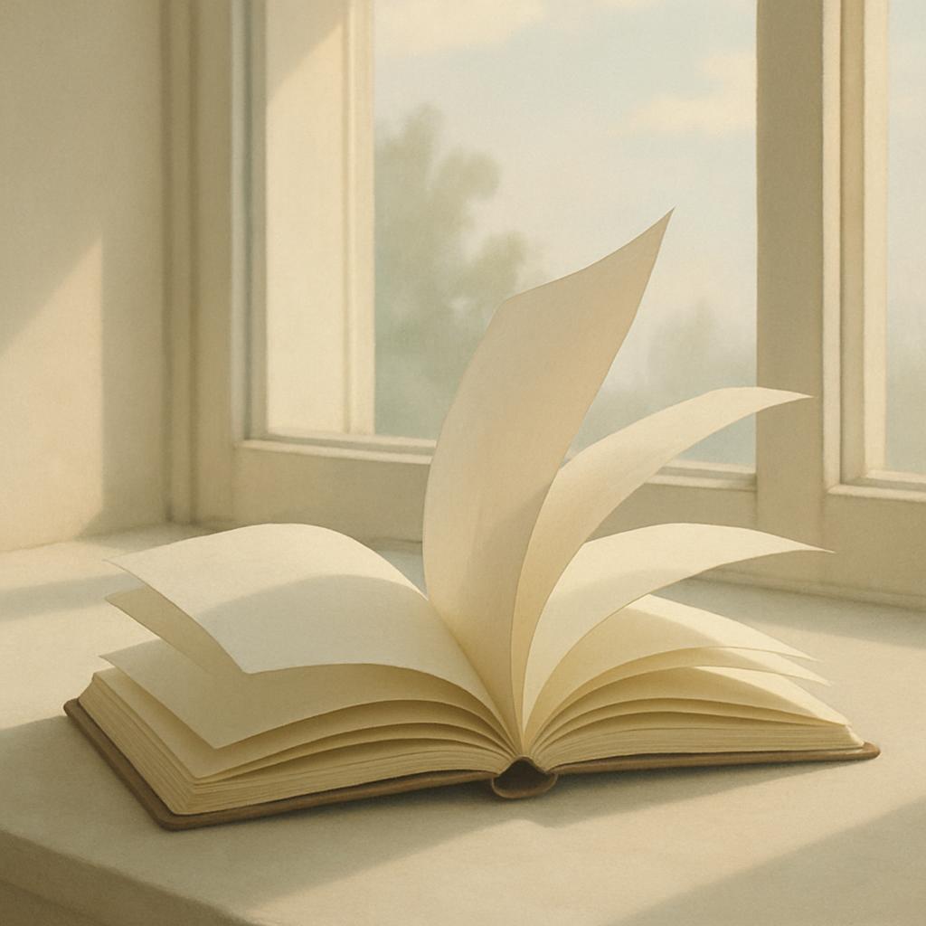 Open book on a windowsill, with pages flying up. Book has a light brown cover, and has risen off the table and pages are f...