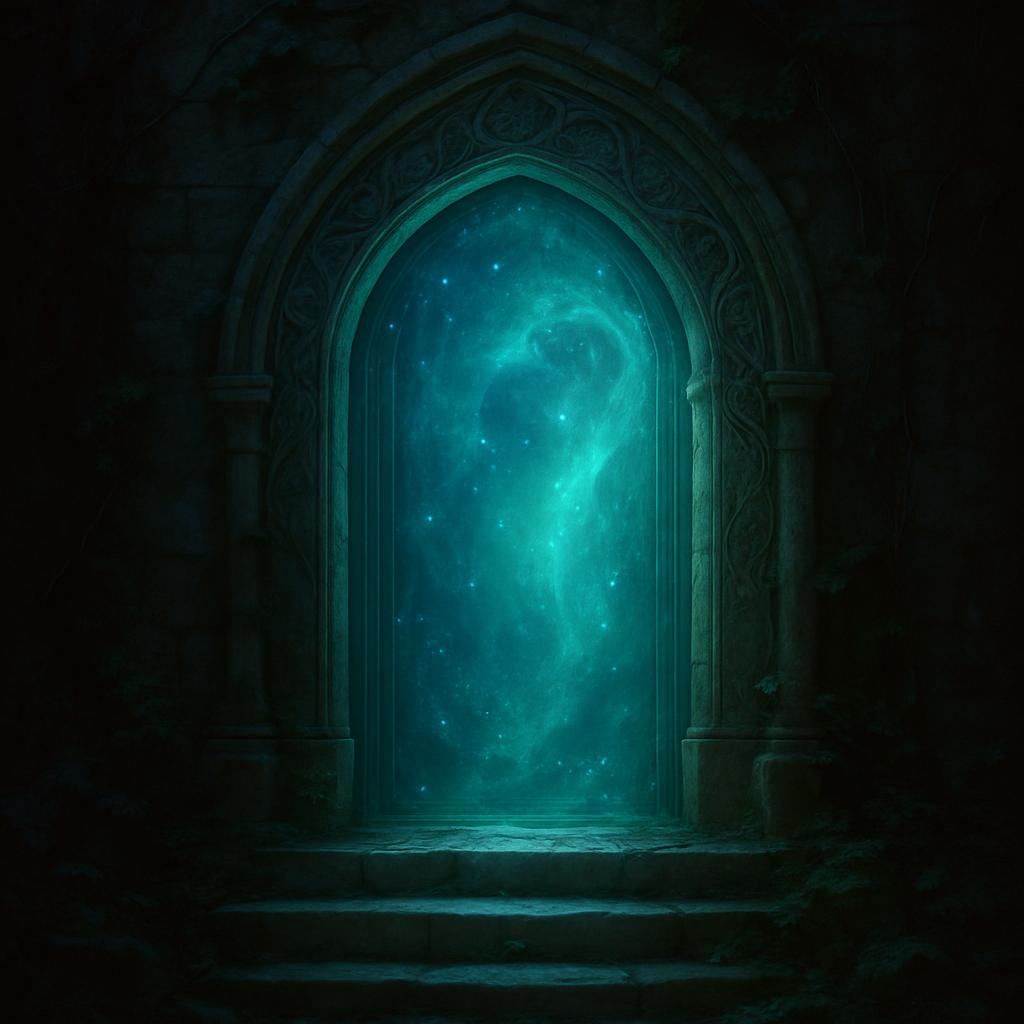 A stone portal with an ethereal blue glow, set against a dark, mysterious background.